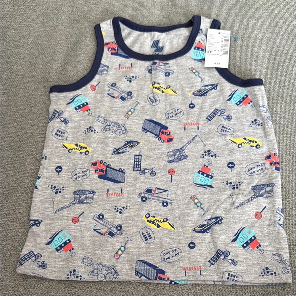 Gray Tank Top with Vehicle Print